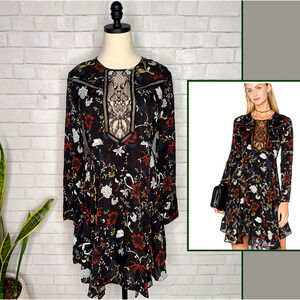 ALC 4  Cynthia  $695 Dark Floral 100% SILK LaceLong Sleeve Fit Flare Dress NEW!